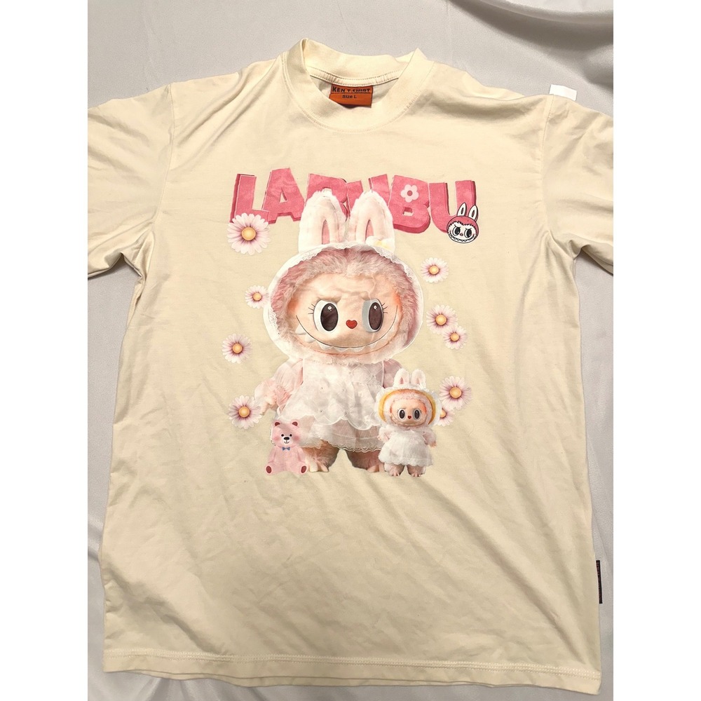 KEN T SHIRT Lazy Bu Graphic Print Cream Crewneck Tee Size L